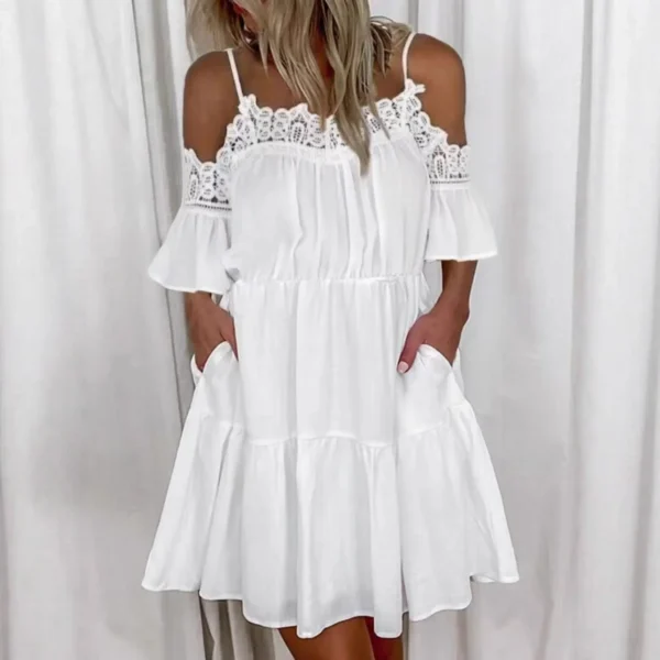 Princess Style Lace Splice Strap Dress Casual Holiday Pure Color Mini Skirt with Pleated Edge Fashionable New Arrival