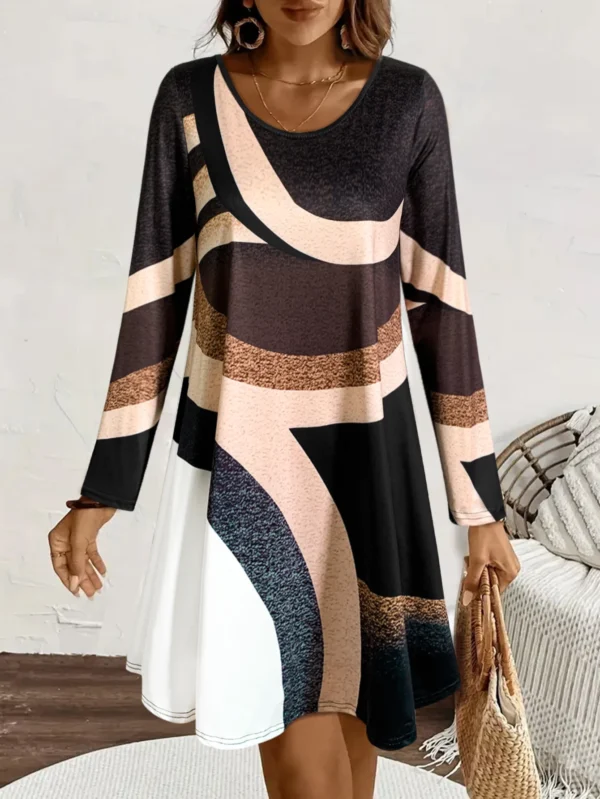 Women's Long - Sleeve Round - Neck Dress, Geometric Color Block, Casual Fall & Daily Wear，women fashion fall outfit - Image 2