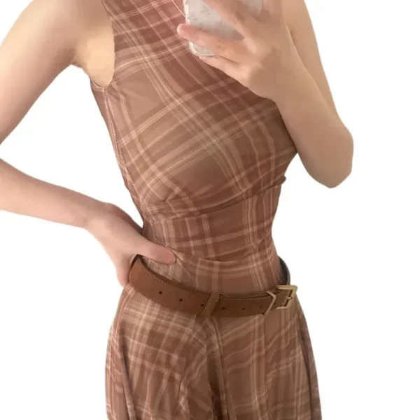French Vintage Plaid Sleeveless Knot Maxi Dress Women's Style Summer New High Waist Slim Long Dress Full Body Skirt - Image 5