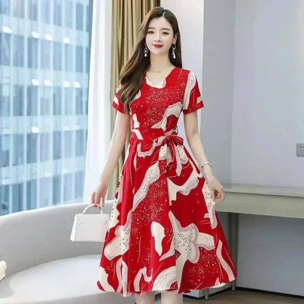 Plus Size V-Neck Korean Style Elegant Slimming Long Dress Short Sleeve Overhead Floral A- Line Skirt Women Summer Fashion Dress - Image 7
