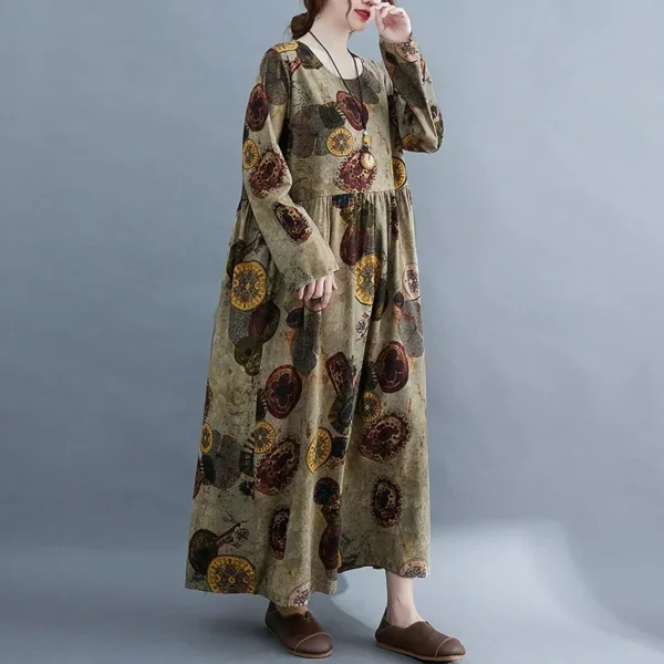 Retro Anti-Aging round Neck Long Sleeve Printed Dress for Middle-Aged And Elderly Women Full Skirt Midi Dress Casual Chic - Image 3