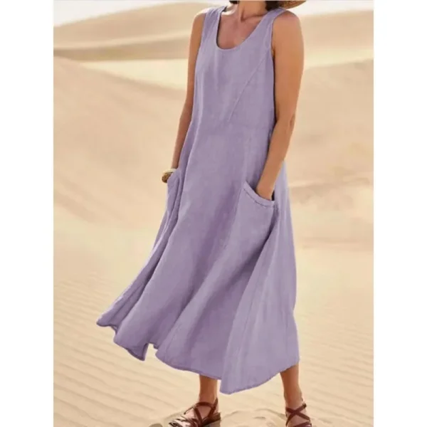 Korean Style Cotton Simulation Women's Dress round Neck Pocket Summer Dress Ankle Length Polyester Fiber No Sleeve - Image 11