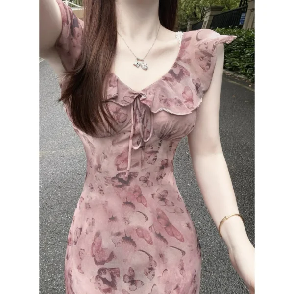 Retro Butterfly Print Hemmed Dress Women's Summer Slimming Knee-Length Long Dress Dopaamine Floral Skirt Elegant Waist-Cinching - Image 2