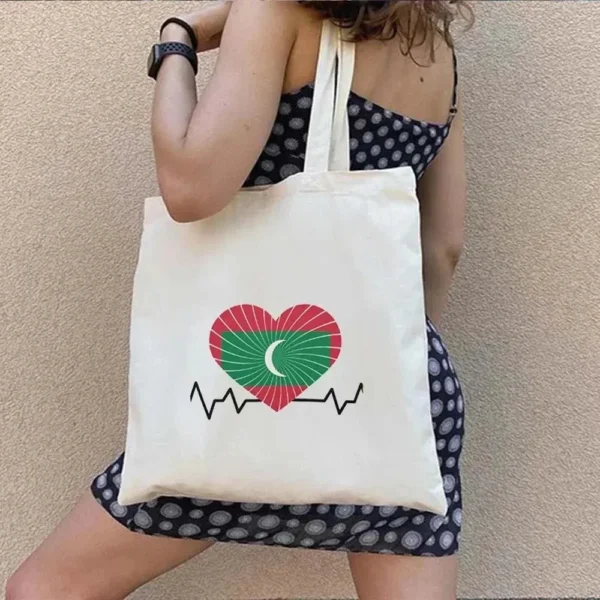 Vintage Retro Summer Beach Holiday Maldives Maldivian Flag Love Heart Shopping Shoulder Canvas Tote Bag Harajuku Work Travel - Image 10