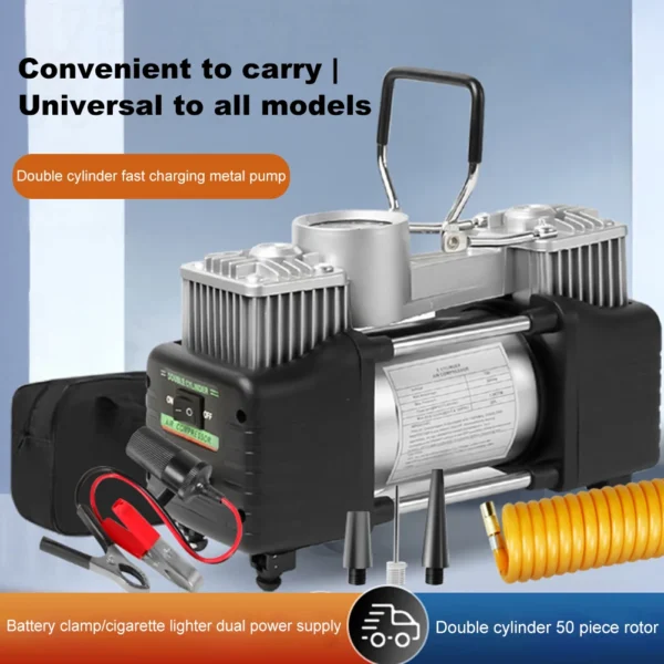 12V 150PSI Heavy Duty Deluxe Portable Metal Air Compressor Car Inflatable Pump with Pressure Gauge Dual Cylinder Mini Compressor - Image 5