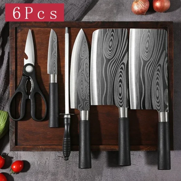 Laser Damascus Pattern Utility Kitchen Knives Scissors Sharpening Rod Set Stainless Steel Sharp Slicing Chef knife Cooking Tool - Image 7
