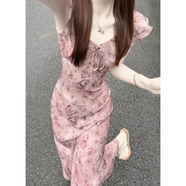 Retro Butterfly Print Hemmed Dress Women's Summer Slimming Knee-Length Long Dress Dopaamine Floral Skirt Elegant Waist-Cinching - Image 5