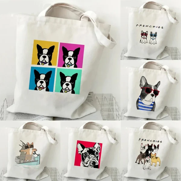 French Bulldog Printed Canvas Tote Bag Cute Cartoon Dog Patterns, Ideal for Daily Use, Stylish Reusable Shoulder Bag