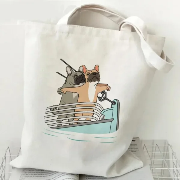 French Bulldog Printed Canvas Tote Bag Cute Cartoon Dog Patterns, Ideal for Daily Use, Stylish Reusable Shoulder Bag - Image 3