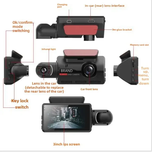 New A68 Dual Lens 3 Inch Dash Cam High Definition Night Vision 1080P Front Interior Backup Camera Car Video Recorder - Image 3