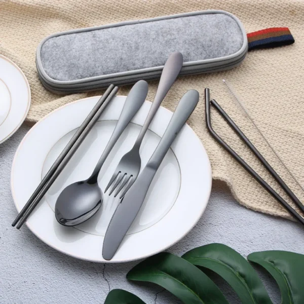 Tableware Reusable Travel Cutlery Set Camp Utensils Set with Stainless Steel Spoon Fork Chopsticks Straw Portable Case - Image 3