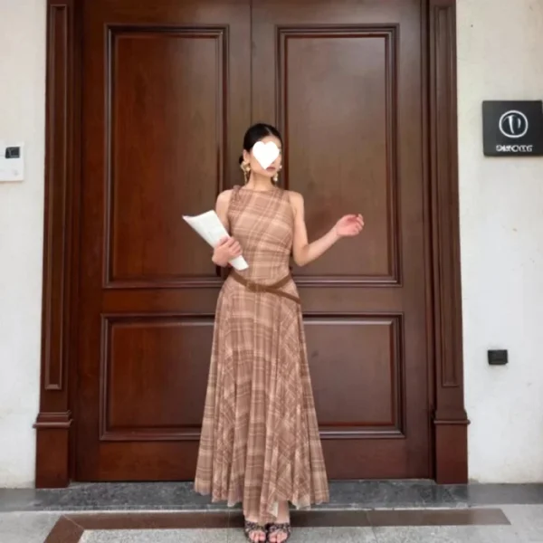 French Vintage Plaid Sleeveless Knot Maxi Dress Women's Style Summer New High Waist Slim Long Dress Full Body Skirt - Image 7
