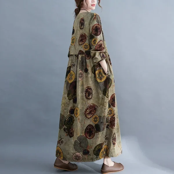 Retro Anti-Aging round Neck Long Sleeve Printed Dress for Middle-Aged And Elderly Women Full Skirt Midi Dress Casual Chic - Image 4