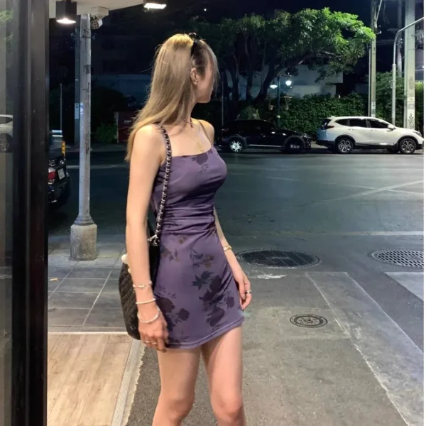 Slimming Long Purple Strapless Dress Women's Summer French Style Waist-Cinching Gown Maxi Dress Polka Dot Print AE Stock