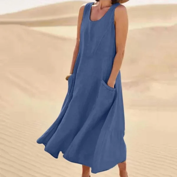 Korean Style Cotton Simulation Women's Dress round Neck Pocket Summer Dress Ankle Length Polyester Fiber No Sleeve - Image 8