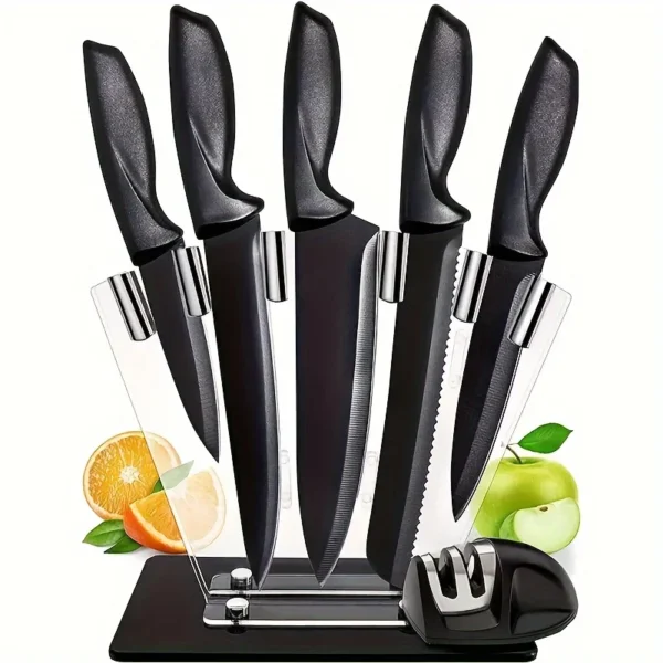 Kitchen knife 7-piece set, black professional stainless steel chef's knife with holder set home rust-proof and sharp meat cutter - Image 7