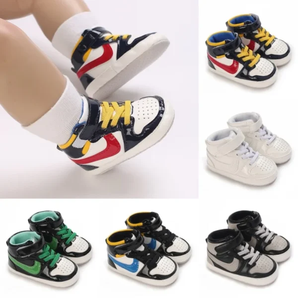 0-18M New Baby Shoes With High top Sports PU Leather Multi-color Soft Cloth Sole First Walker Casual Sports Shoes Suitable For