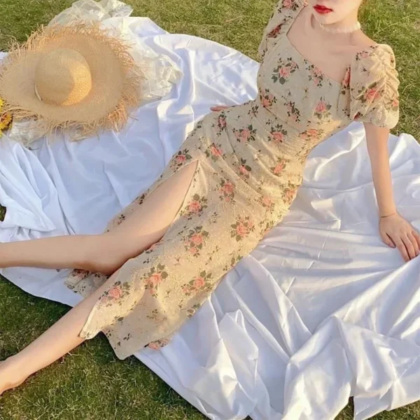 New 2025 Long Tea Break French Design Off-Shoulder Bubble Sleeve Floral Dress Women's Summer Ankle-length Low Waistline - Image 2