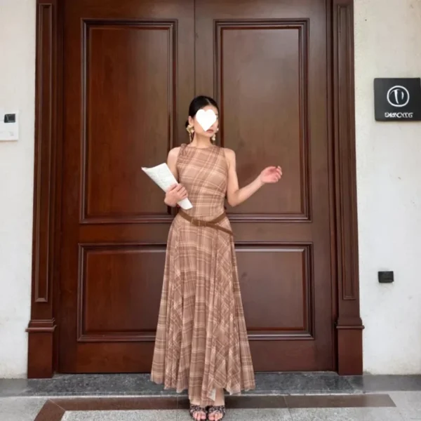 French Vintage Plaid Sleeveless Knot Maxi Dress Women's Style Summer New High Waist Slim Long Dress Full Body Skirt - Image 3