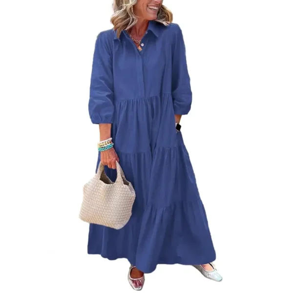 Summer Women's 3/4 Sleeve Maxi Dress Button Up Lapel Sundress With Pockets A-line Ruffles Tiered Beach Swing Dress Yellow - Image 9