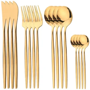 16Pcs Gold Dinnerware Stainless Steel Cutlery Set Kitchen Mirror Flatware Knife Fork Coffee Spoon Kitchen Home Tableware Set