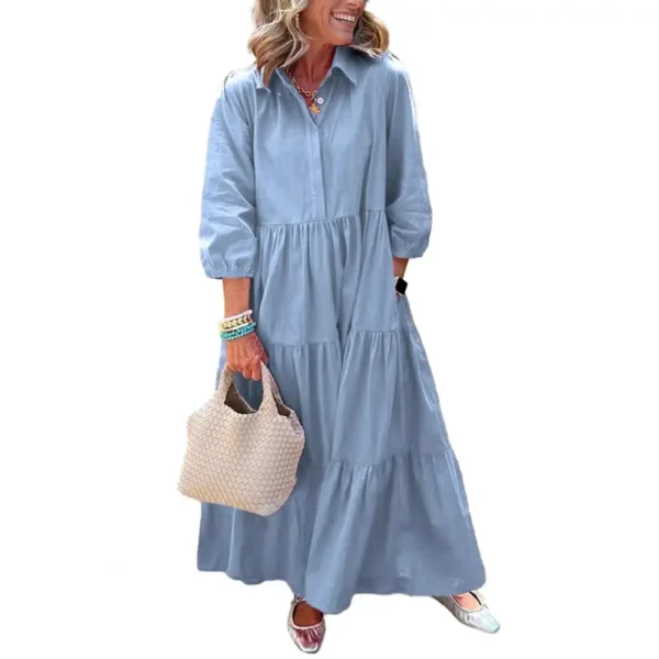 Summer Women's 3/4 Sleeve Maxi Dress Button Up Lapel Sundress With Pockets A-line Ruffles Tiered Beach Swing Dress Yellow - Image 10