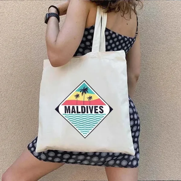 Vintage Retro Summer Beach Holiday Maldives Maldivian Flag Love Heart Shopping Shoulder Canvas Tote Bag Harajuku Work Travel - Image 7