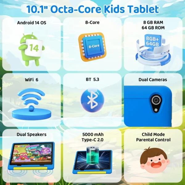 URAO 10 Inch Cartoon Pattern Kids Tablet Android Octa-Core 8GB RAM 64GB ROM Learning Education Games Tablets Children's Gifts - Image 2