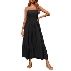Women Summer Maxi Dress Casual Boho Sleeveless Strap Smocked Tiered Dresses Long Beach Formal Holiday Party Dresses For Women