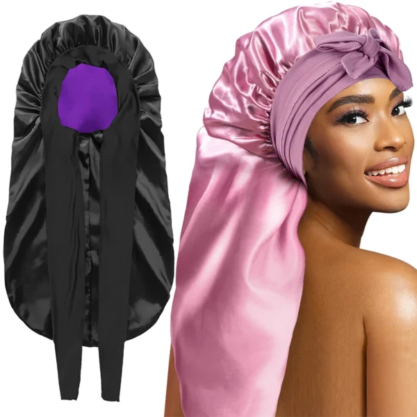 Extra Large Hair Long Silk Bonnet Cap With Elastic Satin Hair Band Comfortable Head Cover Night Sleep Hat For Sleeping Shower - Image 6