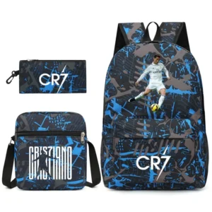 Fashionable CR7 Teenage Children's School Bag Set 3 Pieces Backpack Geometric Pattern Arc Shoulder Strap Versatile Backpack
