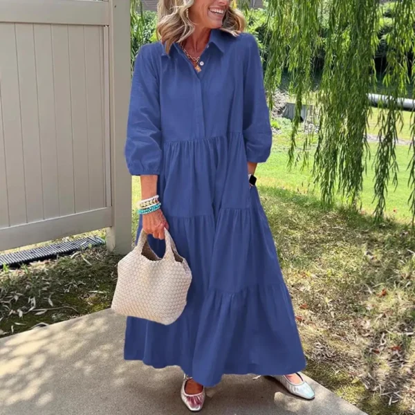 Summer Women's 3/4 Sleeve Maxi Dress Button Up Lapel Sundress With Pockets A-line Ruffles Tiered Beach Swing Dress Yellow - Image 3