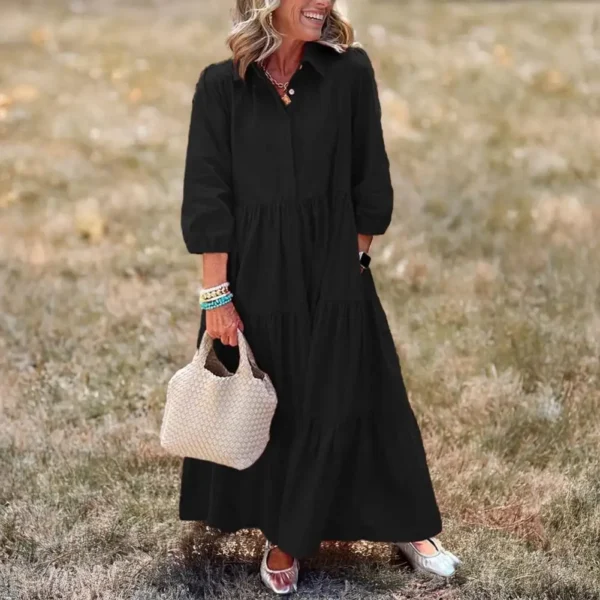 Summer Women's 3/4 Sleeve Maxi Dress Button Up Lapel Sundress With Pockets A-line Ruffles Tiered Beach Swing Dress Yellow - Image 2