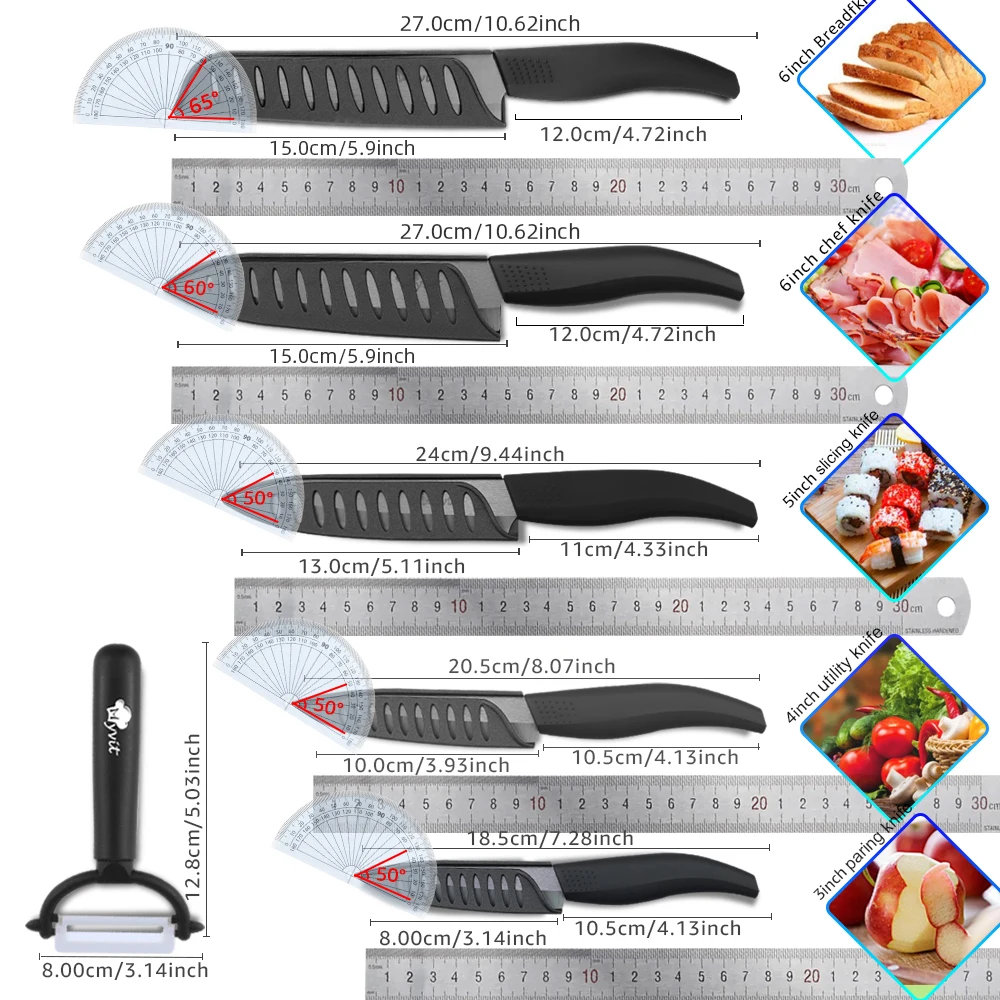Ceramic Knives Set for Kitchen Unit 3 4 5 6 Inch Utility Fruit Slicing Peeler with Sheath Black Zirconia Blade Bread Chef Knife 5 Ceramic Knives Set for Kitchen Unit 3 4 5 6 Inch Utility Fruit Slicing Peeler with Sheath Black Zirconia Blade Bread Chef Knife - Image 5