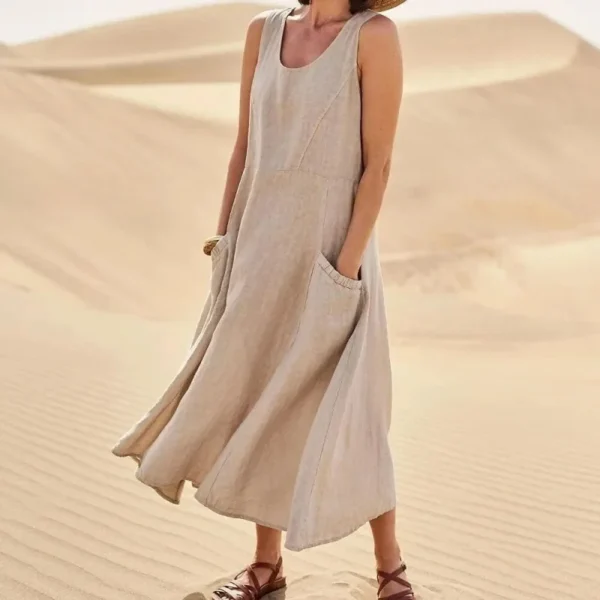 Korean Style Cotton Simulation Women's Dress round Neck Pocket Summer Dress Ankle Length Polyester Fiber No Sleeve - Image 13