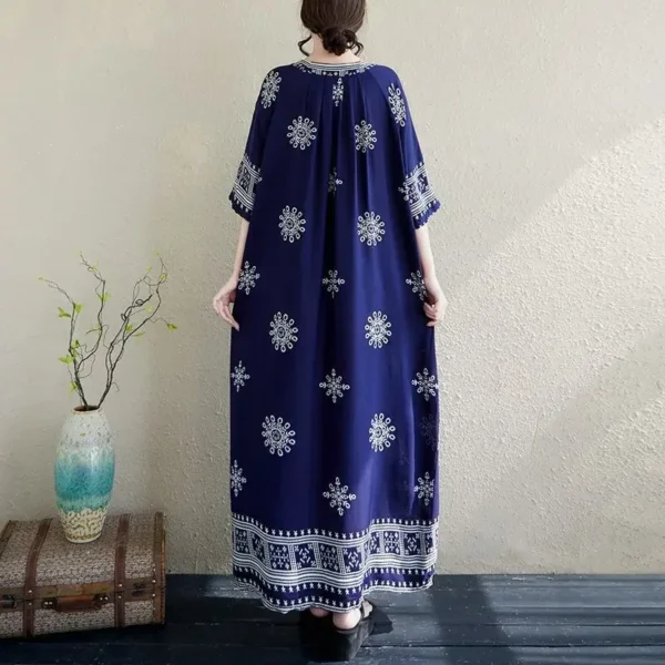Retro Fashion plus Size Summer Printed Long Dress Slimming round Neck Loose Fit Women's Dress Ethnic Style Casual Maxi Dress - Image 4