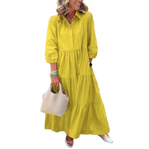 Summer Women's 3/4 Sleeve Maxi Dress Button Up Lapel Sundress With Pockets A-line Ruffles Tiered Beach Swing Dress Yellow