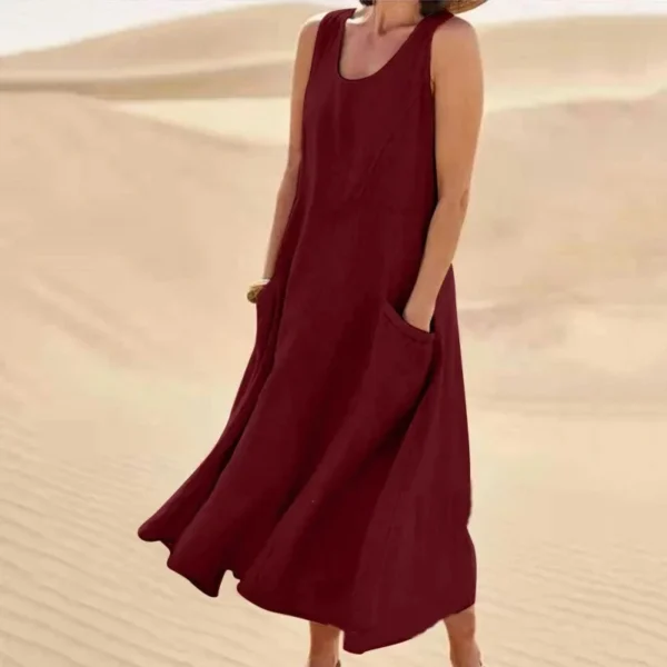 Korean Style Cotton Simulation Women's Dress round Neck Pocket Summer Dress Ankle Length Polyester Fiber No Sleeve - Image 7