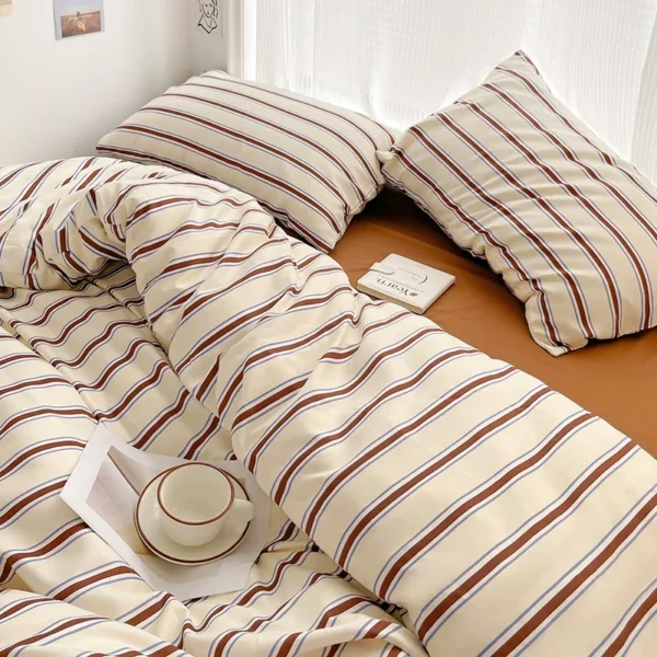 Simple Red and Blue Striped Duvet Cover and Four Piece Bed Sheet Set with Washed Cotton Bedding on the Bed - Image 9