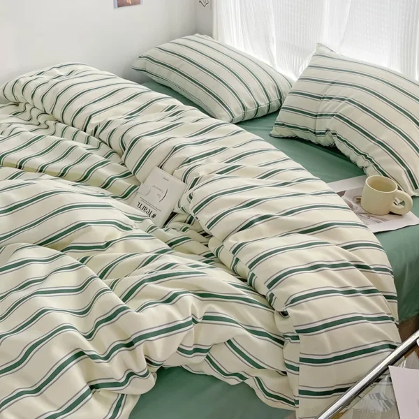 Simple Red and Blue Striped Duvet Cover and Four Piece Bed Sheet Set with Washed Cotton Bedding on the Bed - Image 8