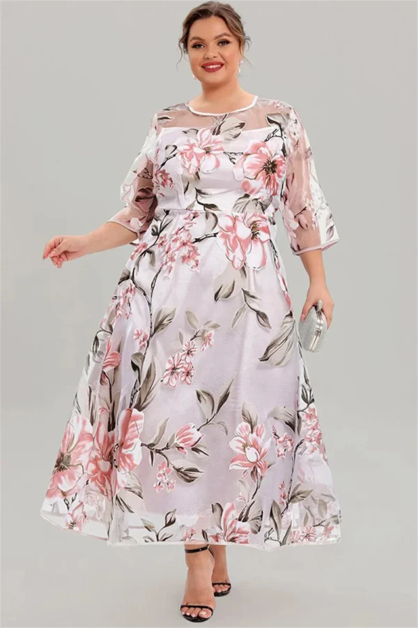 Flycurvy Plus Size Mother Of The Bride Grey and Green Floral Print Mesh Layered A Line Half Sleeve Tunic Maxi Dress - Image 8