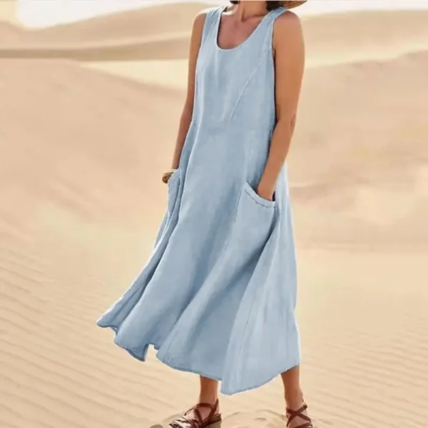 Korean Style Cotton Simulation Women's Dress round Neck Pocket Summer Dress Ankle Length Polyester Fiber No Sleeve - Image 10