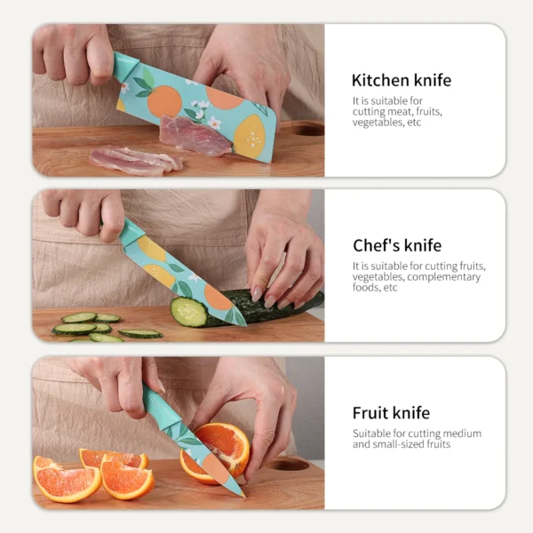 3pcs-set Kitchen Knife Set Stainless Steel Vegetable Knife Fruit Knife Colorful Fruit Print Knife Fruit knife Chef Knife - Image 2