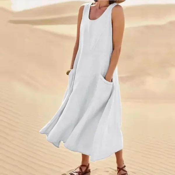 Korean Style Cotton Simulation Women's Dress round Neck Pocket Summer Dress Ankle Length Polyester Fiber No Sleeve - Image 3