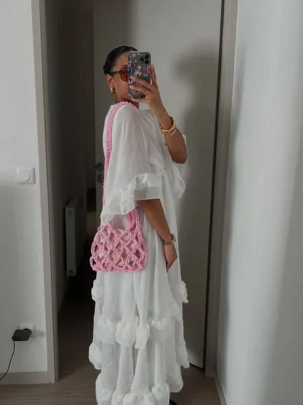 Women High Waist Full Sleeve A-line Long Dress White V Neck Chiffon Layered Ruffles Maxi Dresses Summer Lady High Street Robes - Image 6