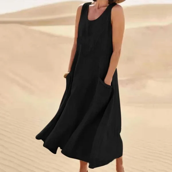 Korean Style Cotton Simulation Women's Dress round Neck Pocket Summer Dress Ankle Length Polyester Fiber No Sleeve - Image 6