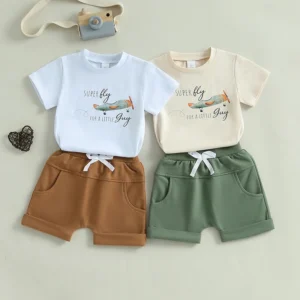 Pudcoco Baby Toddler Boy Shorts Set Airplane Letter Short Sleeve T-shirt Solid Elastic Waist Shorts 2Pcs Summer Outfit 0-3T