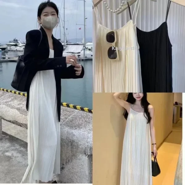 Summer 2025 plus Size Women's French Style Strap Dress Pleated Loose Long Dress Lazy Style Solid Color Maxi Dress Elegant Feelin