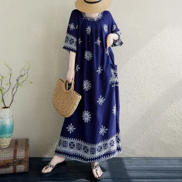 Retro Fashion plus Size Summer Printed Long Dress Slimming round Neck Loose Fit Women's Dress Ethnic Style Casual Maxi Dress - Image 5