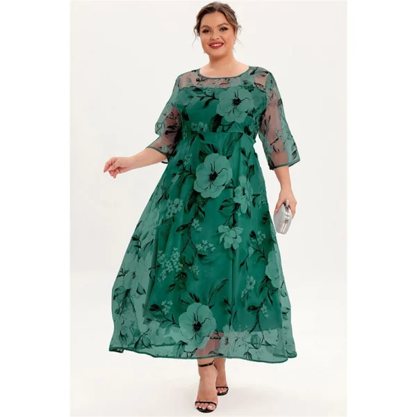 Flycurvy Plus Size Mother Of The Bride Grey and Green Floral Print Mesh Layered A Line Half Sleeve Tunic Maxi Dress - Image 5